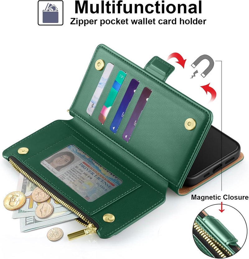 Antsturdy Compatible with iPhone 16 Pro Max Wallet Case,RFID Blocking PU Leather Phone Case Women Men Kickstand flip Cover Wrist Strap Zipper Credit Card Holder Slots for Apple 16 ProMax,Green - Image 3
